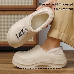 Winter Fleece Lined Thick Sole Closed Toe Slippers Men Women EVA Waterproof Lucky Print Warm House Shoes Anti Slip Home Cotton Slippers