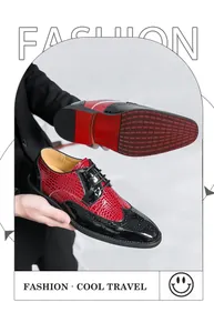 Detailansicht der rot-schwarzen Brogue-Schuhe mit geschnitzten Lochmustern