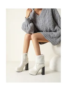White platform ankle boots with faux fur trim and high block heel for winter style