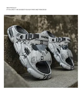 Detailed view of men's graffiti sandals with adjustable buckle straps and thick soles