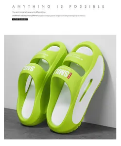 Macro view of bright lime green EVA slides featuring SMILE text print and thick soles
