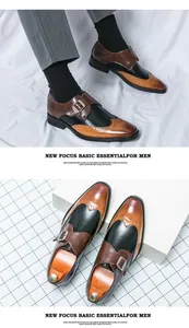 Detailed view of professional men's wingtip monk strap shoes in black and brown.