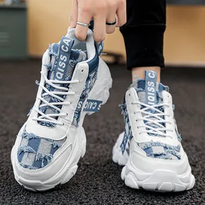Men's denim high-top chunky sneakers with thick platform soles and frayed edge details