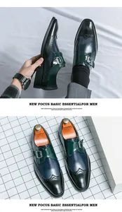 Detail of men's color-block pointed toe leather shoes in black, blue, and green.