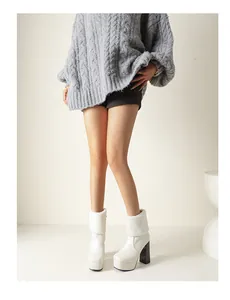 Stylish white platform ankle boots with faux fur trim and chunky high heels worn by model
