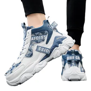 Modern men's high-top blue and white chunky sneakers featuring a thick platform sole design