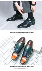 Detailed view of men's multi-color brogue monk strap leather shoes with buckles