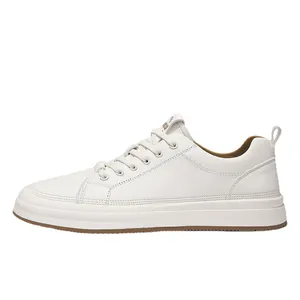 Premium men's white cowhide leather low-top casual sneakers with waterproof finish