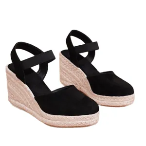 Sandalias negras con cuña y plataforma de cuerda tipo esparteña con correa al tobillo