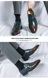 Men's stylish color-block monk strap wingtip dress shoes with buckle detail on white backdrop