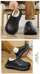 Detailed view of black plush-lined waterproof clogs with thick anti-slip sole