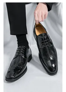 Detailansicht schwarzer Brogue-Schuhe mit Krokostruktur und Flügelkappendesign