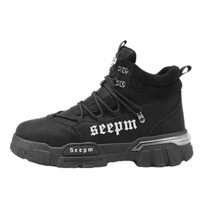 Men's black suede high-top work Martin boots featuring a thick sole and retro hiking boot style