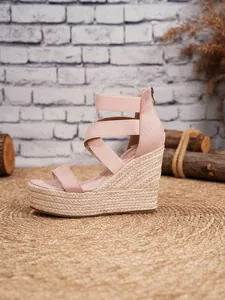 Γυναικεία ροζ σανδάλια εσπαντρίγιες με πλατφόρμα, ελαστικά λουριά και σχοινί κάν.