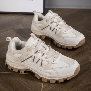 Men's beige outdoor hiking sneakers with chunky anti-slip soles, breathable mesh upper