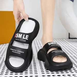 Comfortable black thick-sole EVA slippers with 'SMILE' slogan for casual summer beach wear.