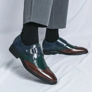 Men's tri-color pointed toe leather monk strap shoes in British business casual style
