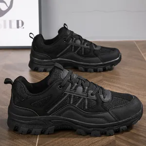 Durable black outdoor hiking sneakers for men with anti-slip thick soles and mesh panels