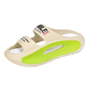 Comfortable beige EVA slides for men with neon green accents and smile print