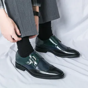 Men's tricolor leather wingtip monk strap dress shoes with polished finish