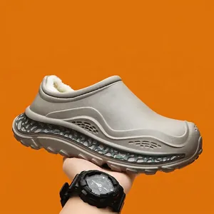 Warm grey fleece-lined winter clogs with thick waterproof sole for men and women