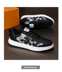 Black leather casual sneakers with white paisley print and chunky platform soles