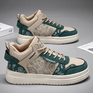 Stylish men's paisley high-top sneakers in beige and dark green, perfect for casual wear.