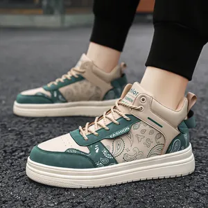 Stylish men's high-top sneakers featuring green paisley pattern and thick casual sole