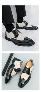 Detailansicht zweifarbiger Brogue-Schuhe mit Flügelkappe, Prägung und Lackleder-Finish.