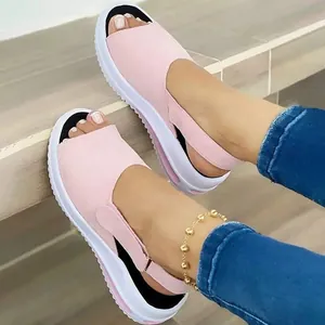Women's pink peep-toe wedge sandals with white platform soles for beach wear