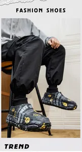 Detail of stylish designer outdoor platform slippers with warm fleece lining and urban patterns