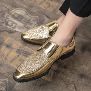 Men's British style gold metallic slip-on dress shoes featuring glittery sequin vamps