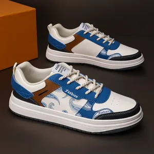 Men's large size leather sneakers with blue paisley pattern and white board shoe design.