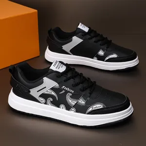 Men's black leather casual sneakers with white paisley pattern and thick sole
