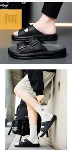 Vue détaillée des sandales à plateforme noires pour hommes avec boucle et style de vie.