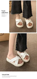 Detailed views of white women's platform sandals featuring chic crossed woven straps