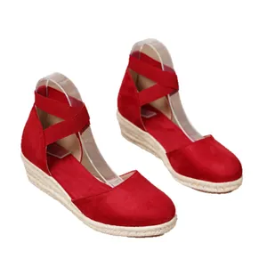 Sandalias de cuña tipo alpargata rojas para mujer con correas elásticas