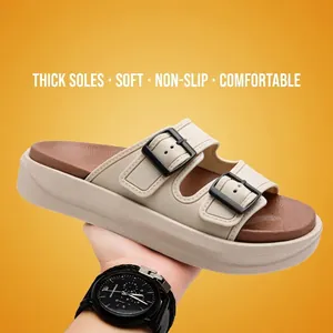Sandales confortables à semelle épaisse beige avec doubles boucles et assise brune