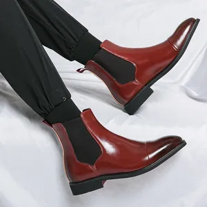 Retro burgundy leather Chelsea boots for men with burnished toe and elastic side