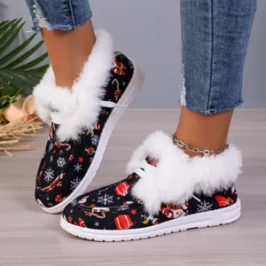 Detailed side view of Christmas pattern boots featuring plush white faux fur collar