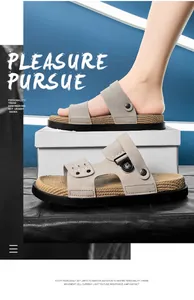 Detailed view of men's casual non-slip sandals with textured sole and grey straps