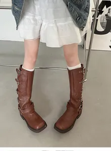 Stylish brown mid-calf knight boots featuring multi-buckle straps and a square toe design