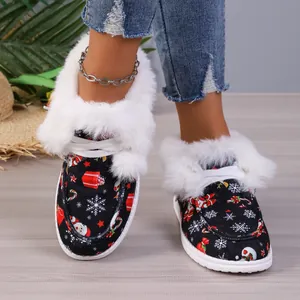 Close-up of women's winter warm Christmas print loafers featuring thick white fur lining detail.