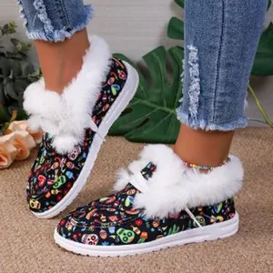 Detailed view of colorful skull print winter boots with plush white faux fur lining.