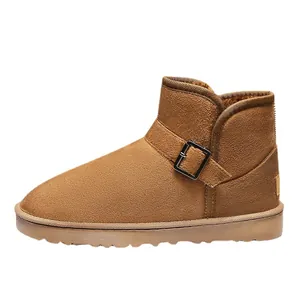 Warm brown suede snow boots with side buckle and soft fleece lining for outdoor winter wear