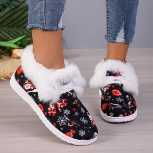 Women's Christmas Skull Print Snow Boots Faux Fur Trim Winter Warm Thick Sole Outdoor Casual Cotton Shoes Winter Boots