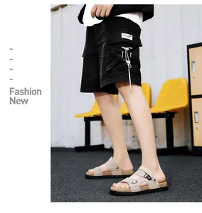 Men's casual beige sandals with buckle straps and textured straw-style soles