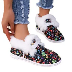 Warm winter cotton boots featuring colorful skull prints and cozy white faux fur trim