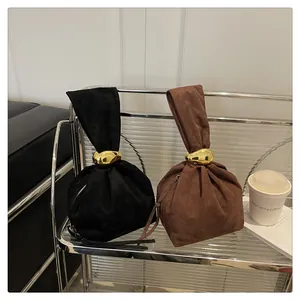 Vintage retro pleated suede-like bucket bags with elegant gold metal ring handle details