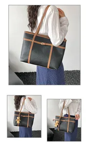 Detailed views of a black and brown tote bag with buckle strap on a female model